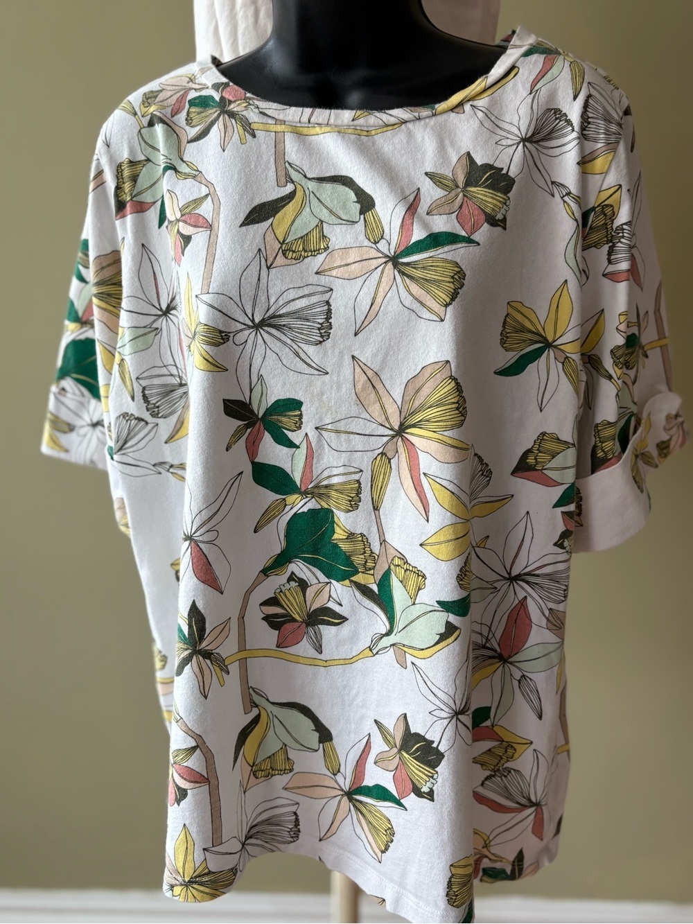 Liz Claiborne Cotton Relaxed White Floral Print Short Sleeve Tunic size xxl